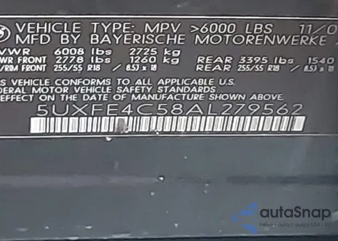 2010 BMW X5 xDrive30I z USA, uszkodzony, nr VIN 5UXFE4C58AL279562